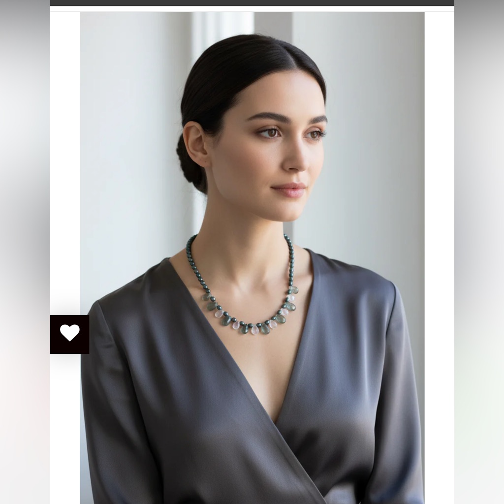 Deep Green Pearl Necklace With Green Moss Aquamarine & White Topaz Briolles -